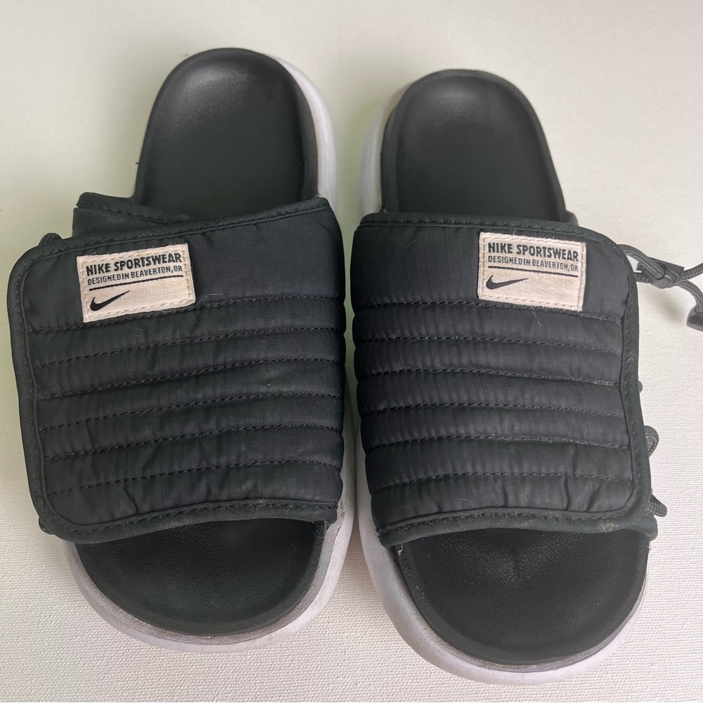 Nike Women's Asuna 2 Slides Adjustable Comfort Fabric Black White Size 8